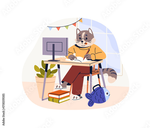 Cute cat student does homework at the desk. Anthropomorphic animal is learning, writing in notebook. Funny kitty pupil studies with book. Flat isolated vector illustration on white background