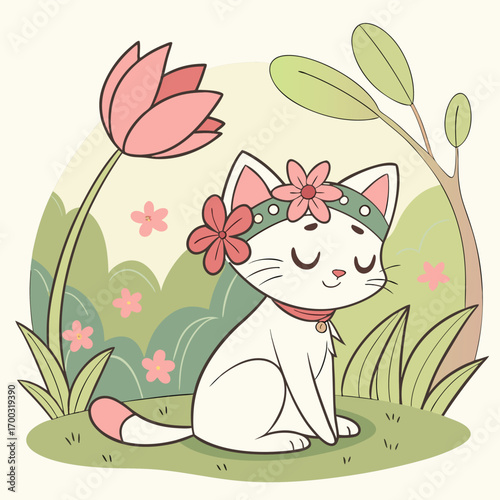 Cute White Cat in Nature Garden Vector

