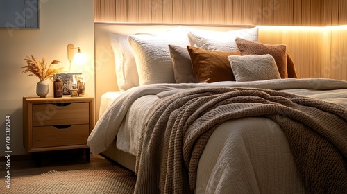Scandinavian bedroom styled with textured throws, minimalist bedding, and warm light tones.