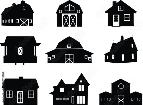 House and Barn Silhouettes, Building Icons, Farm Structures, Residential Shapes, Black Vector, Architecture, Roof Styles, Windows, Doors, Design