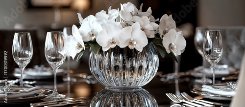 Elegant Orchid Centerpiece with Crystal Vase and Fine Dining Accessories
