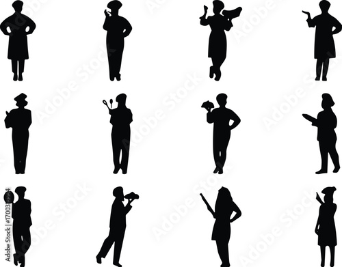 Human silhouette collection, black profession icons, diverse activity poses, vector illustration, occupation shapes, career roles, hobby design, lifestyle