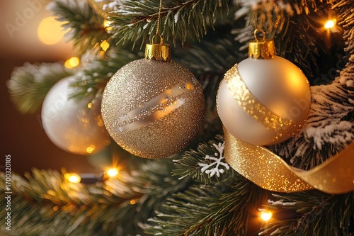 Christmas tree with sparkling baubles, gold ribbons, frosted snowflakes and fairy lights.