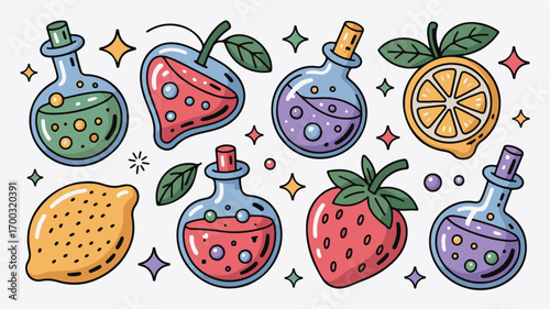 Vibrant Fruit & Potion Clipart: Lemons, Strawberries, & Magical Elixirs