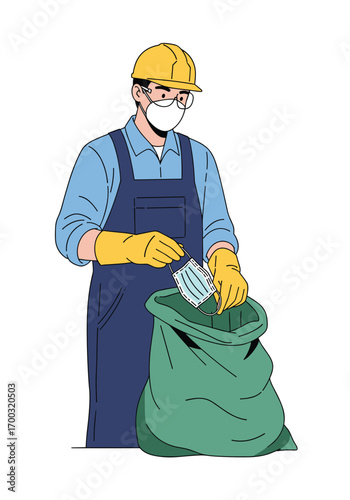 Construction worker wearing a face mask and gloves disposing of used masks in a large green bag