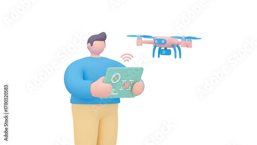 Man operating a drone with a tablet on a white surface, showcasing modern technology and hobbyist activities with a clean and minimalist aesthetic.