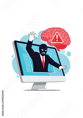 Digital threat cyber criminal attacking computer system with brain hazard warning icon