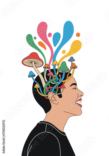 Person experiencing colorful psychedelic mushroom growth from head