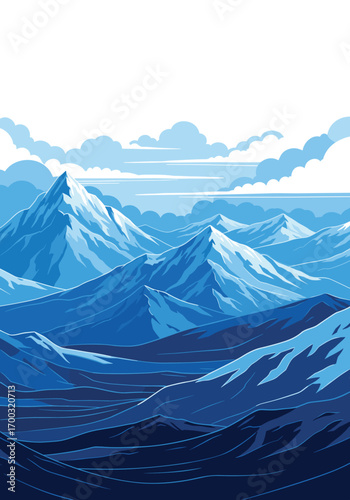 Pixel art majestic snowy mountain range with blue hues and clouds