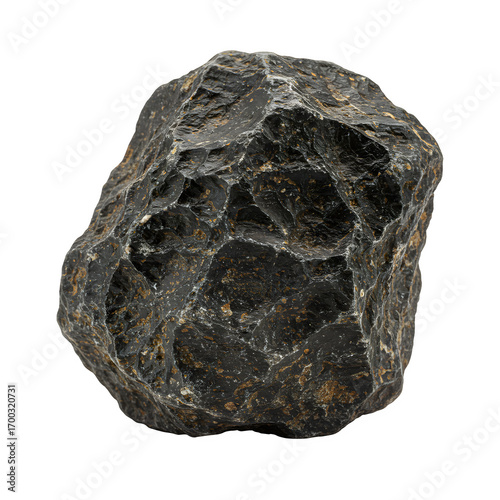Dark grey and brown natural rock formation isolated on white background, perfect for design, 3D rendering, geology, and creative projects.