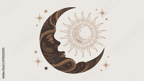 Celestial Sun and Moon Art:  Elegant Line Art Design for Print and Digital