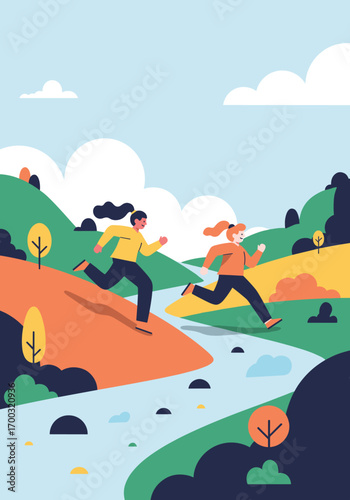 Two people running through a scenic natural landscape beside a flowing river