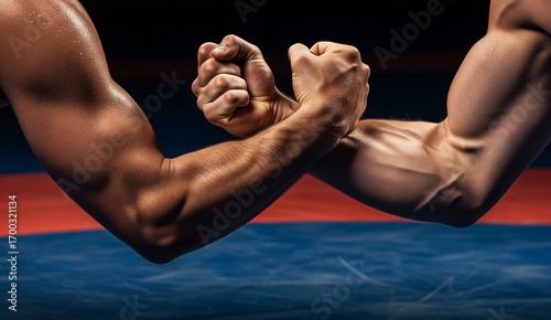 Sports: wrestler’s muscular arms locked in grapple, faces cropped from frame, blurred wrestling mat beneath, cinematic dramatic intensity.