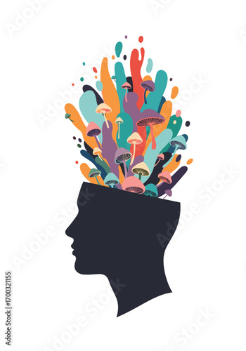 Vibrant abstract explosion of mushrooms and organic shapes erupting from a human head silhouette representing creative thinking and imagination