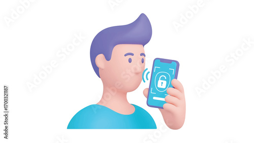 Man unlocks smartphone using voice recognition technology in modern office, showcasing secure access and convenience, emphasizing innovation.