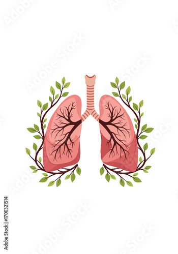 Illustration of human lungs surrounded by green branches and leaves symbolizing health and nature