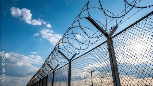 High Security Fence with Barbed Wire under Blue Sky