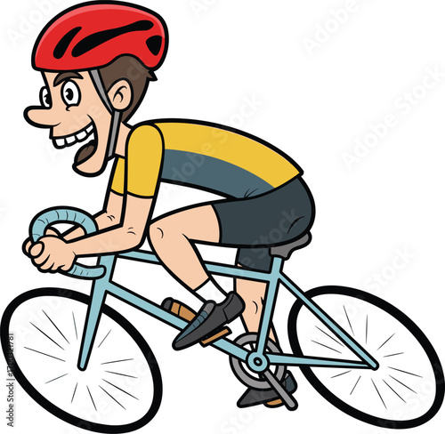 Cartoon cyclist in racing posture with helmet and motion lines, expressive sports illustration for athletic content, youth activity themes, and dynamic storytelling design