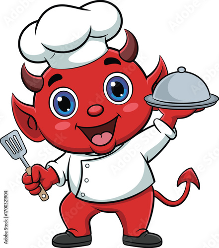 Cartoon devil chef with spatula and serving dish, humorous culinary character illustration for food themes, playful storytelling, and fantasy cooking content
