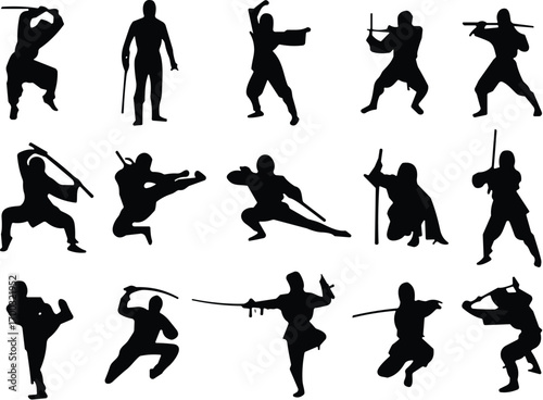 Ninja silhouette collection, black martial arts icons, weapon poses, action stances, vector illustration, combat style, agility, warrior design