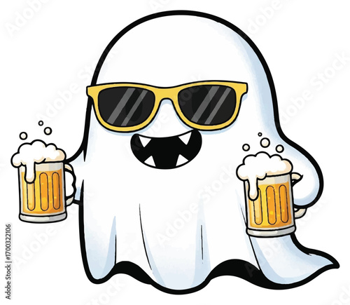 A cool cartoon ghost wearing yellow sunglasses and holding two frothy mugs of beer.