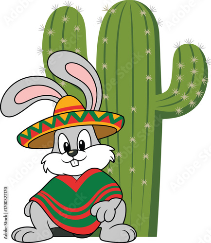 Cartoon rabbit in sombrero and poncho beside cactus, playful Mexican-themed character illustration for cultural content, desert wildlife, and festive storytelling design