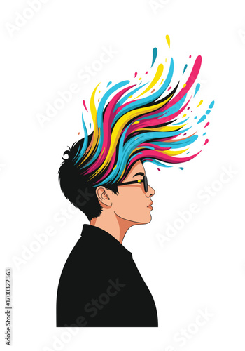 Creative explosion of colors erupting from a person's head symbolizing innovation and imagination