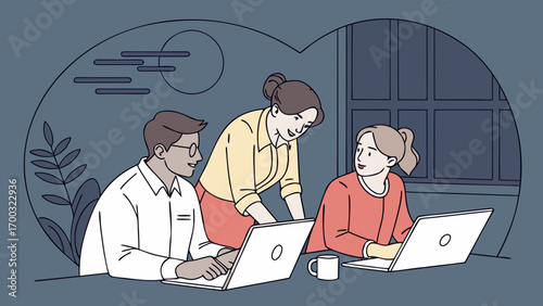 Business professionals colaborating at night in an ofice, laptops, feedback, slutions, and teamwork discssions.