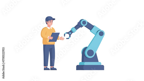 Engineer inspecting robotic arm in factory, holding clipboard, ensuring quality control with precision and efficiency in modern industrial setting.