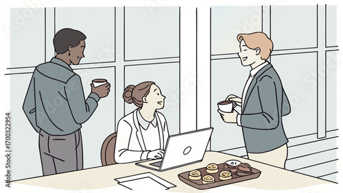 Business professionals engging in casual conversatio during a coffee break in n office, promoting collabration and teamwork.