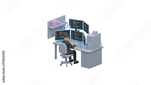 Software developer coding at desk with multiple monitors in modern office, showcasing complex algorithms and lines of code, highlighting innovation and technology.