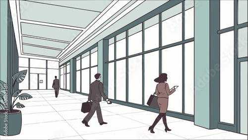 Business professionals waling in a modern office coridor, capturing a dynamic nvironment.