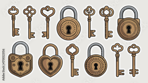 Antique Keys and Locks:  Vintage Padlock and Key Illustrations