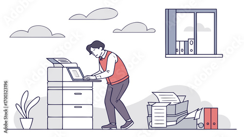 Businessman working at a dsk with laptop, managing fnancial tasks and photocoping documents.