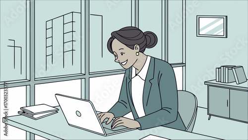 Hispanic businesswoman smiing at a laptop in a moder office, using technology or online business tasks.