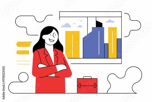 Happy businesswoman with cossed arms, standing near n office window.