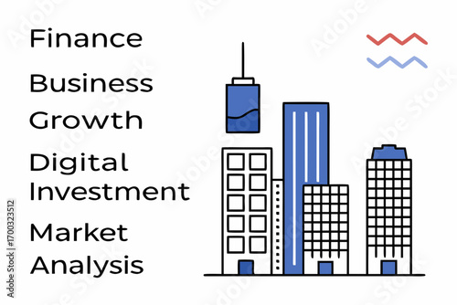 Candlestick, line chart, ad data labels over city buldings, representing finane, business growth, digita investment, and market anlysis.