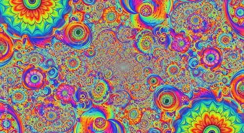 Vibrant psychedelic tapestry of kaleidoscopic floral expressions