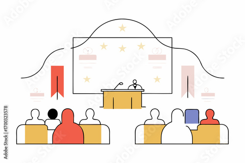 Business congress with preentations and roundtable dscussion attended by a conerence audience.