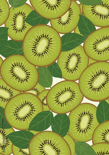 Freshly sliced organic kiwi fruits scattered with green leaves