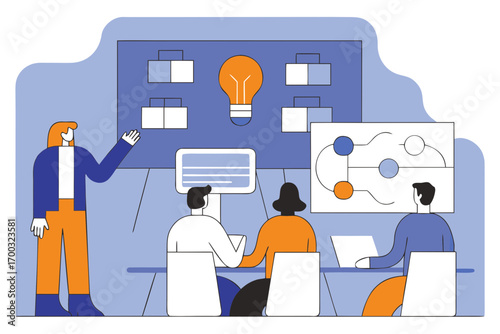 Diverse team collaboratingin a meeting using visual ids and professional tools actively discussing stratgies.