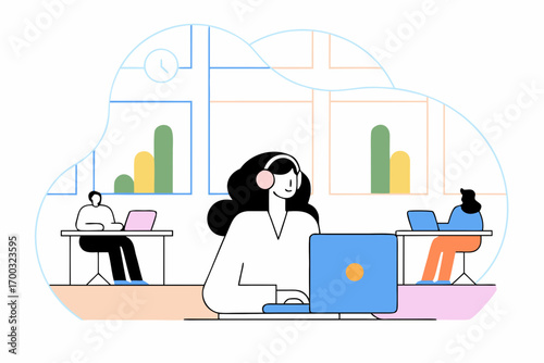 Young IT professional, Hisanic woman working on a latop in a modern office, aplying technology for onlin business tasks.