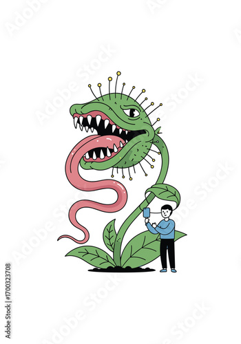 Person interacting with giant carnivorous plant showing menacing teeth and long tongue
