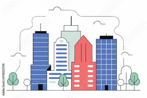 Editorial view of city wit modern skyscrapers, urbancenter and architecture, fr professional illustratio purposes.