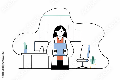 Smiling entrepreneur womanusing tablet in office, prfessional portrait of confdent business leader.
