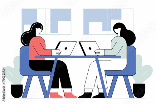 Professional women colleages discussing work using tablet and laptop in modern green office, collaborativeand engaged.
