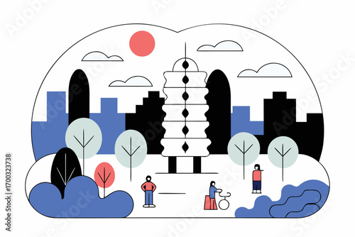 Tourist attractions in urbn park, panoramic modern ctyscape in Taiwan, busines concept illustration.