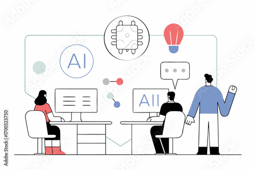Business professionals intgrating AI concepts for stategic planning, improvingworkplace efficiency and frecasting.