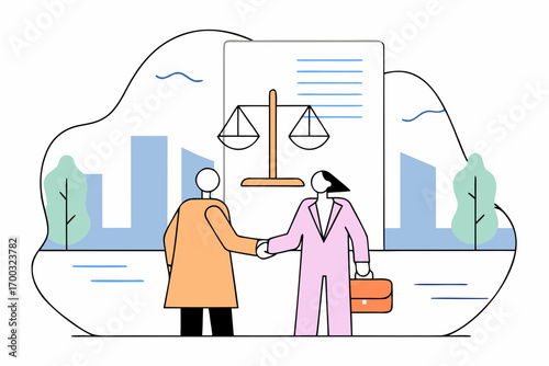 Two female lawyers shaking hands over legal agreemen, corporate law compliance representing justice and esolution.