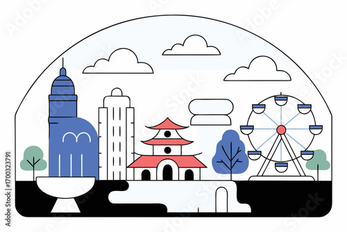 Tourist attractions in urban park, panoramic modern ityscape in Taiwan, busines concept illustration.